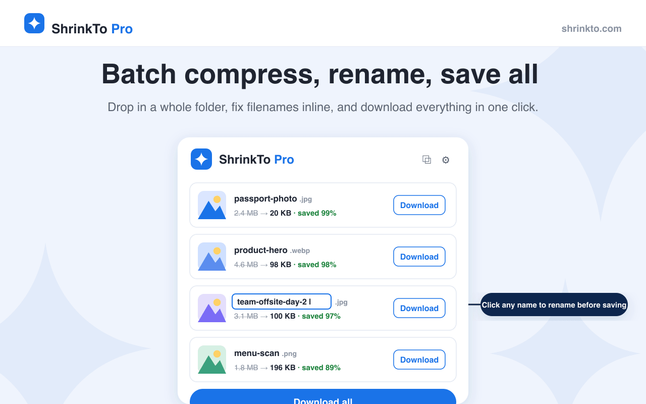 Batch compressing and renaming multiple images in the ShrinkTo Pro extension