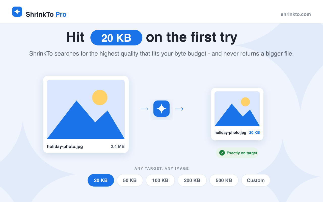 Compressing a 2.4 MB photo to exactly 20 KB with the ShrinkTo Pro Chrome extension