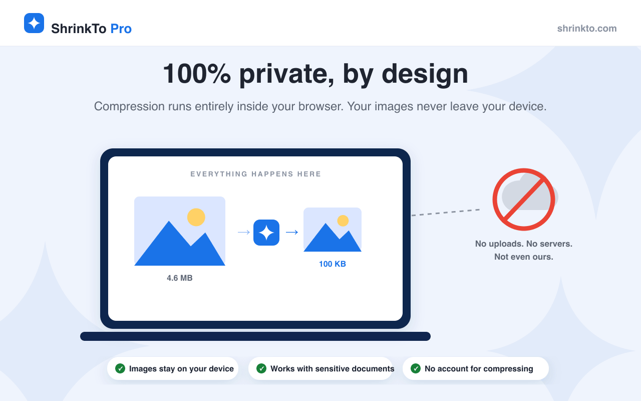ShrinkTo Pro compresses on-device - no uploads, no servers