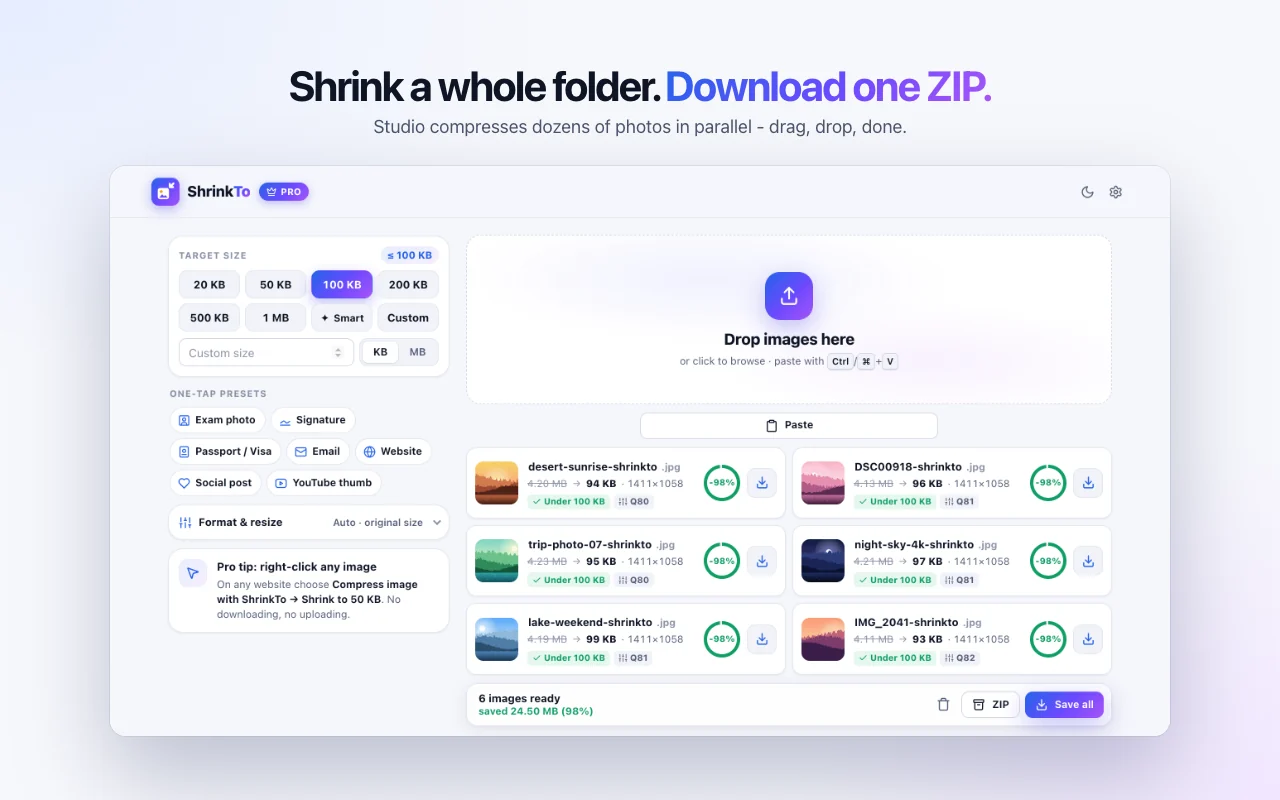 ShrinkTo Studio compressing six photos in a batch