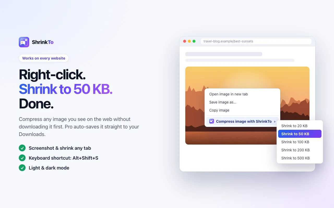 Right-click menu with Shrink to 50 KB on a web page image